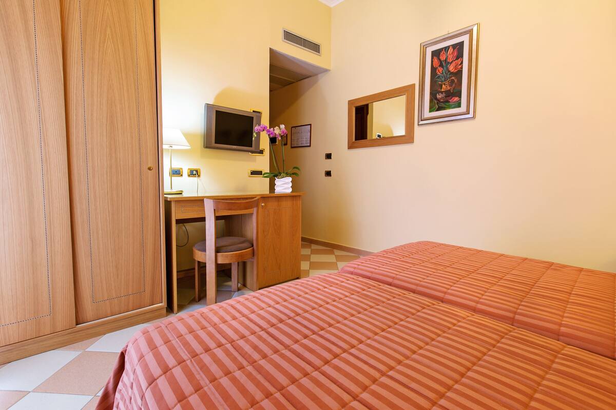 A hotel room with a bed, a desk, a chair, a television, and a framed picture on the wall.