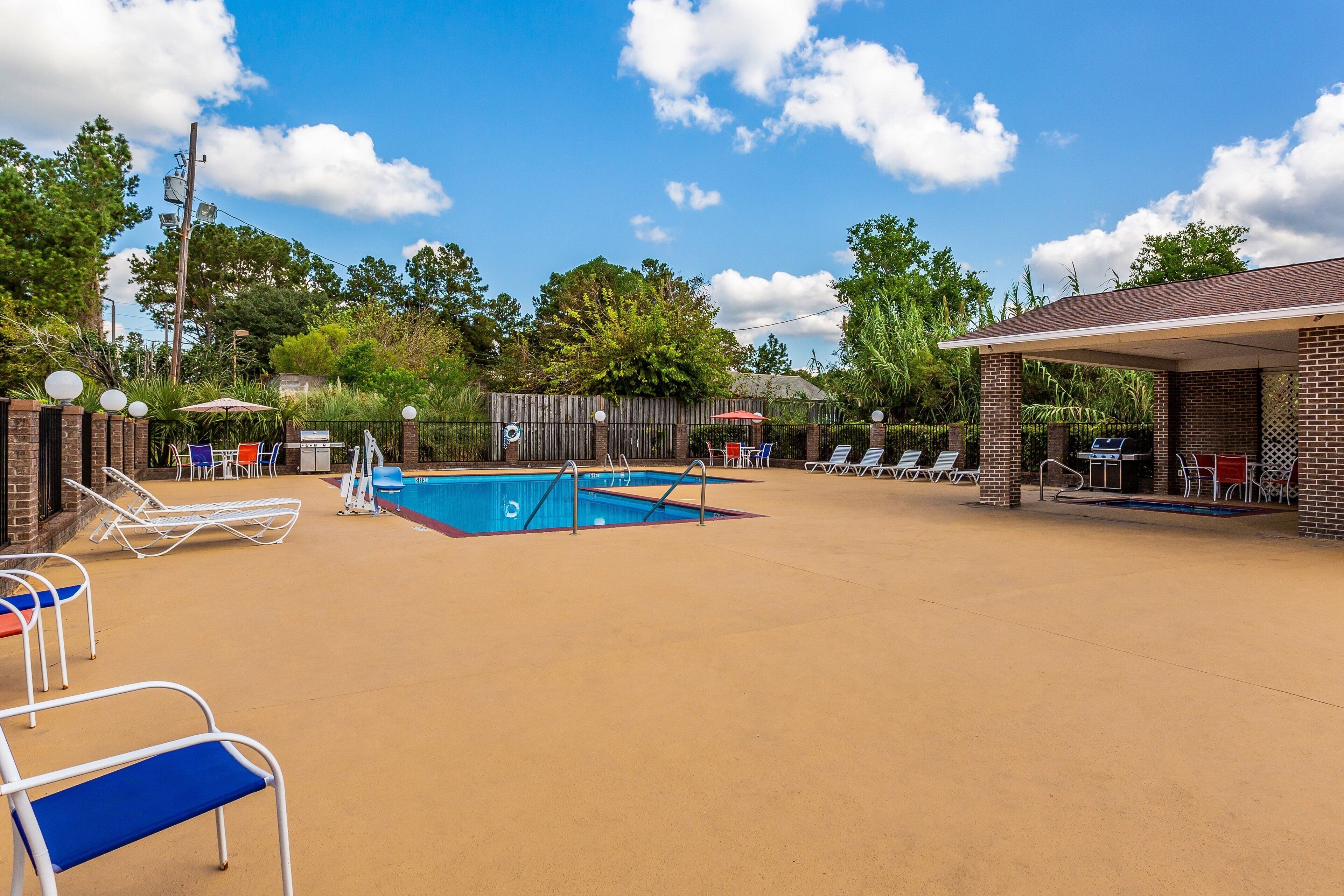 Outdoor pool, pool umbrellas, pool loungers