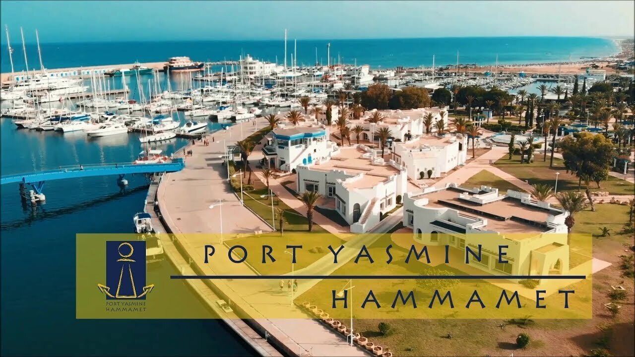 An aerial view of Port Yasmine Hammamet marina with boats, buildings, and palm trees.