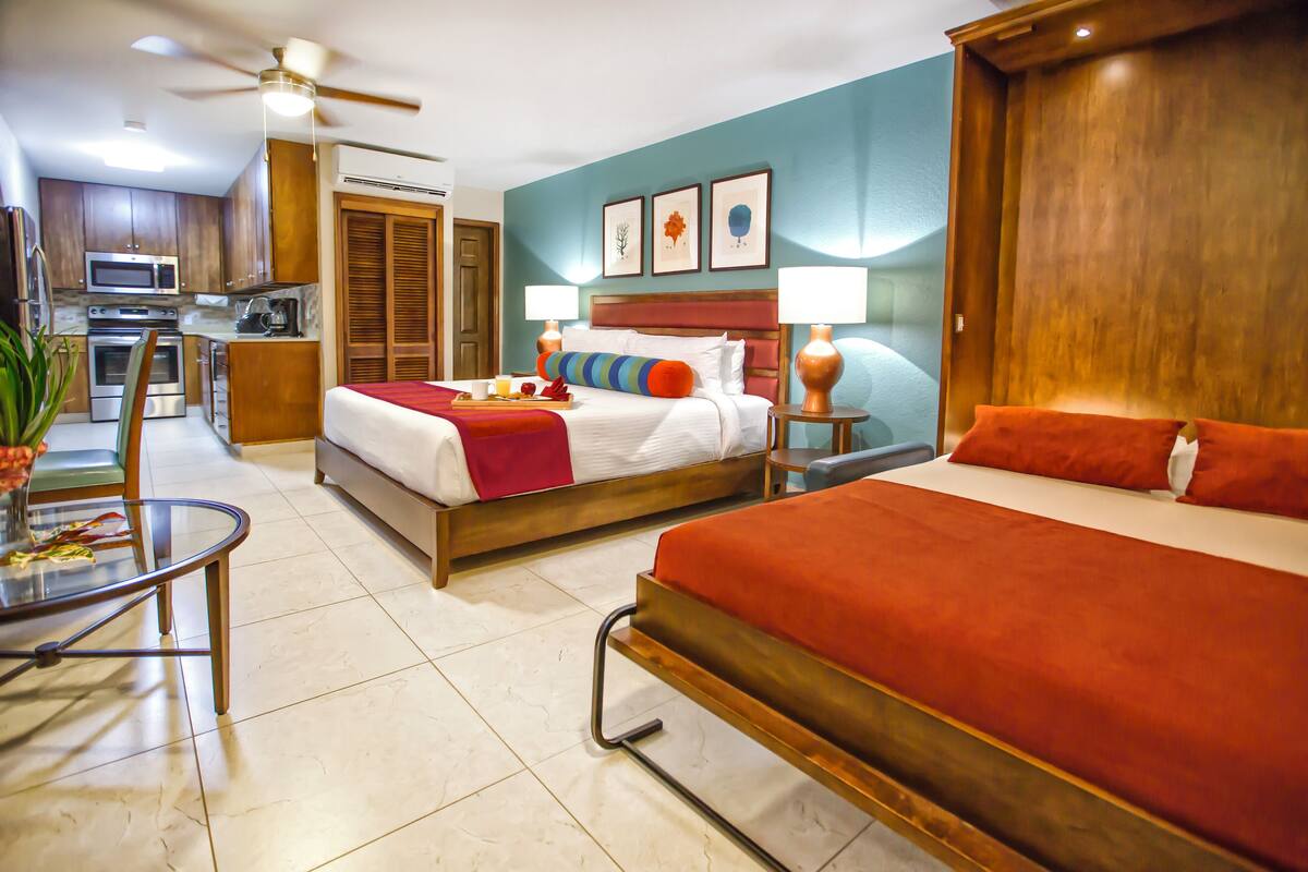 deluxe studio plus with fully equipped kitchen | premium bedding, memory-foam beds, in-room safe, blackout curtains