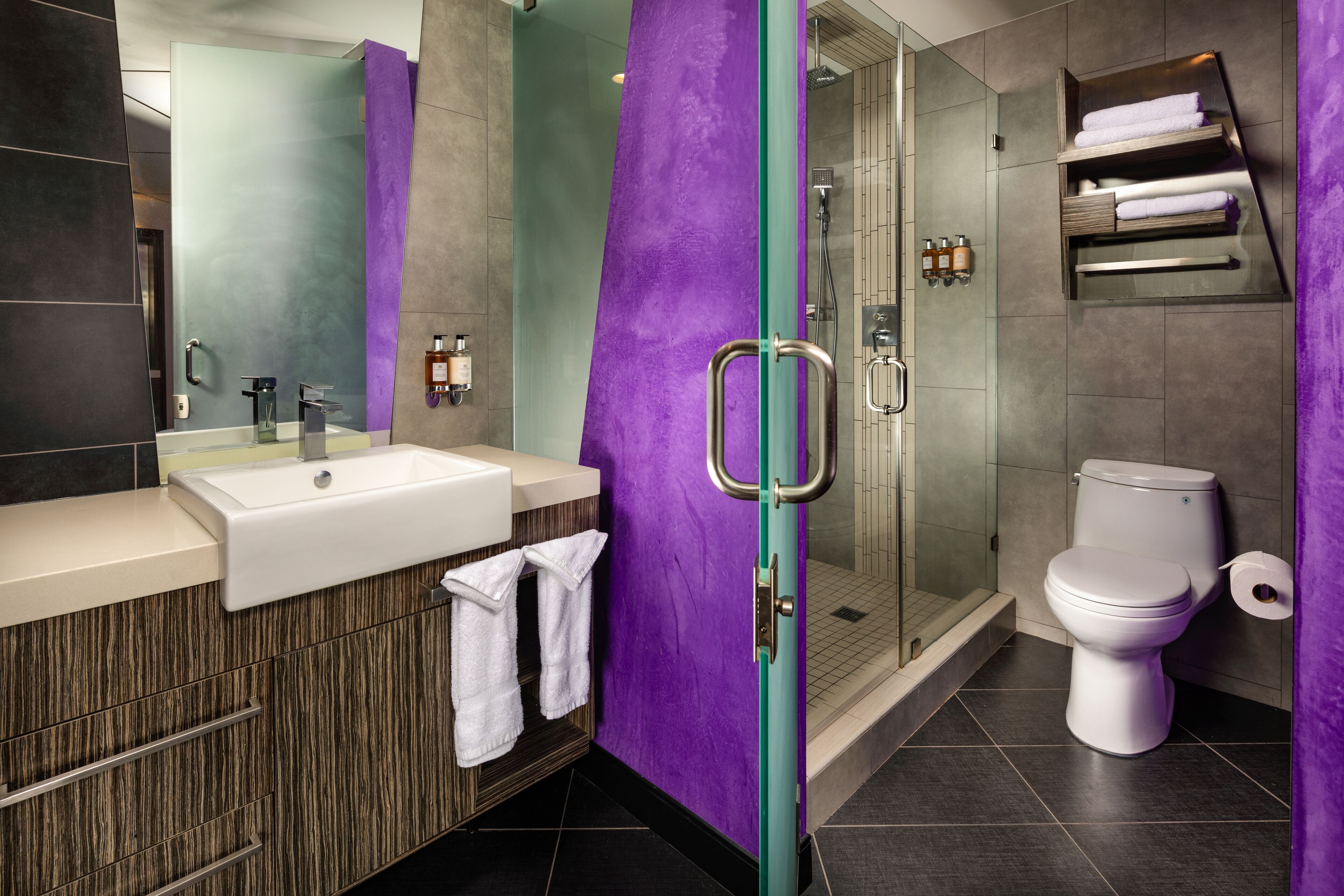 A modern bathroom with a glass shower enclosure, a white sink, and a toilet.