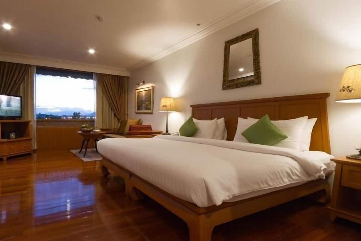 Habitación de hotel con una cama grande, televisión, escritorio y vistas al exterior.