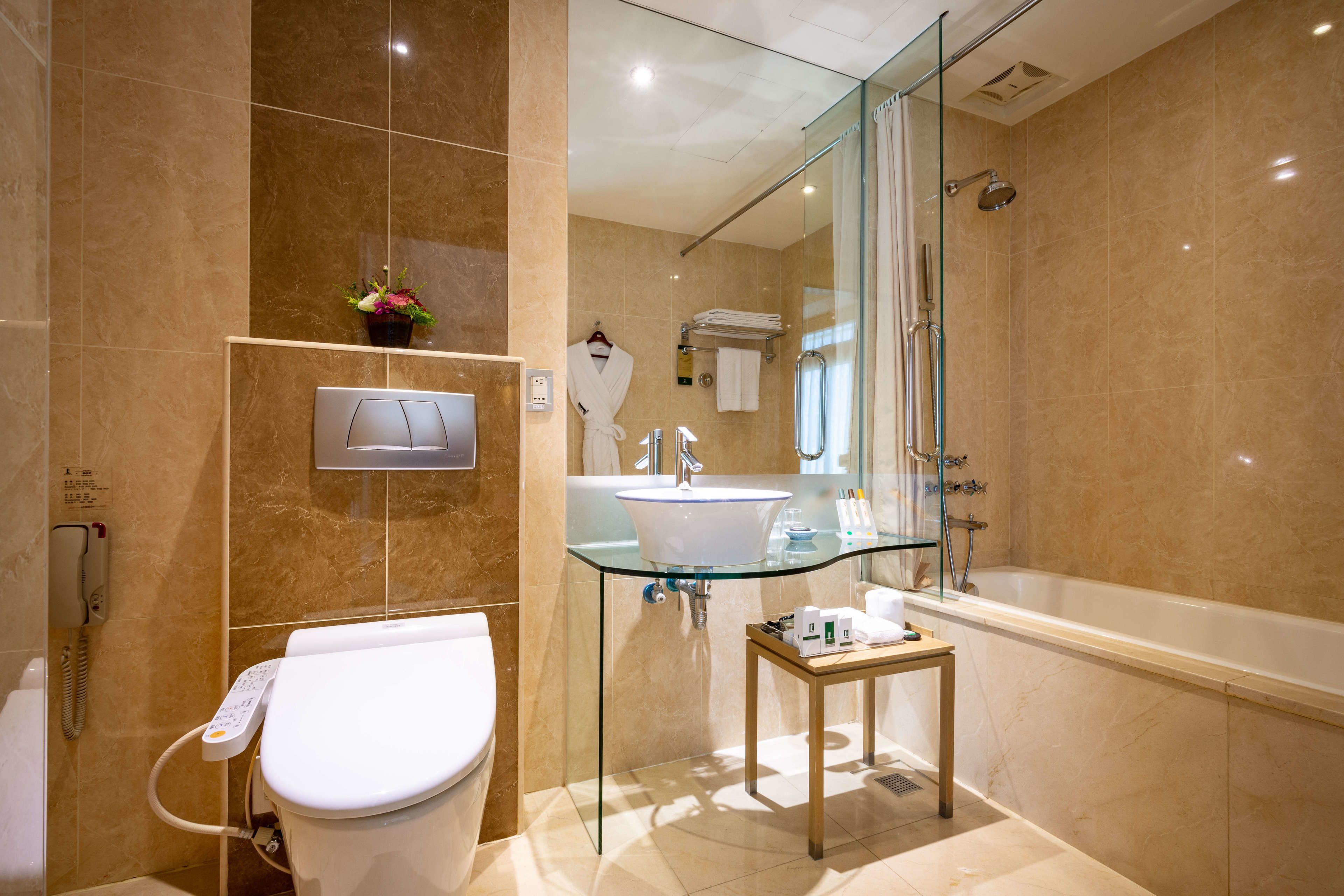 free toiletries, hair dryer, dressing gowns, slippers