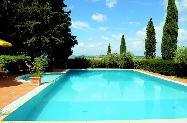 Seasonal outdoor pool, pool umbrellas, pool loungers