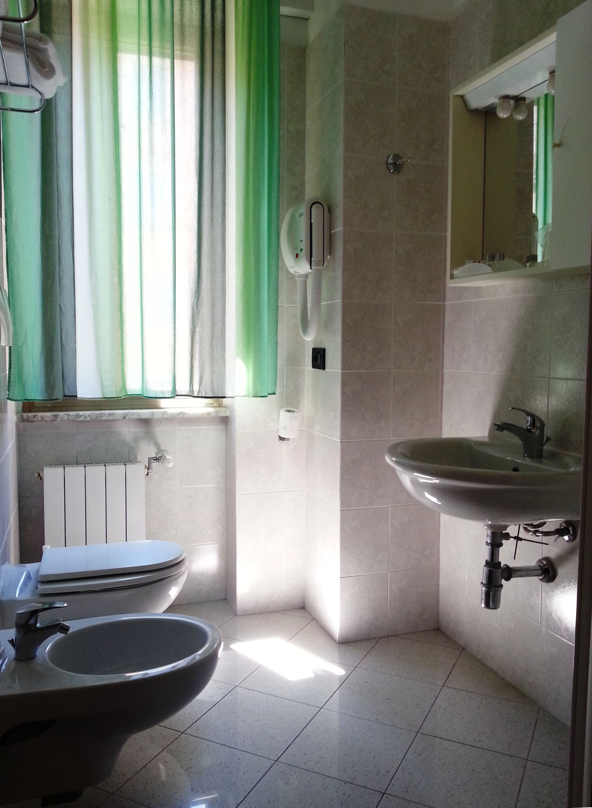 A bathroom with a toilet, a sink, and a shower area.
