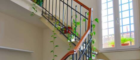 A staircase with a wooden handrail and black metal balusters, leading to a landing with a window.