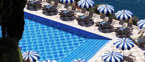 Seasonal outdoor pool, pool umbrellas, pool loungers