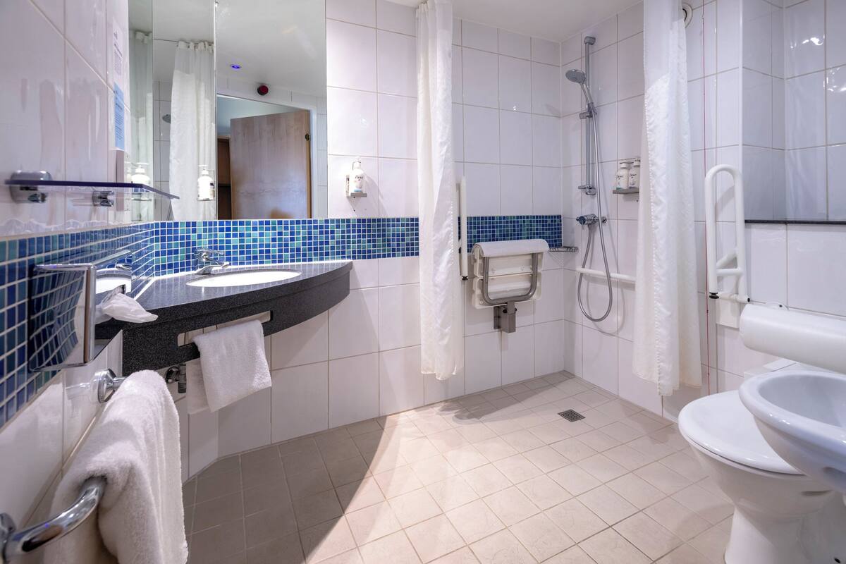 shower, free toiletries, hair dryer, towels