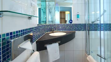 Shower, eco-friendly toiletries, hair dryer, towels