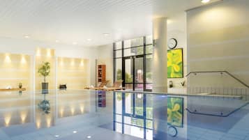 Indoor pool, open 8:00 AM to 9:00 PM, sun loungers