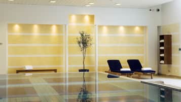 Indoor pool, open 8:00 AM to 9:00 PM, sun loungers