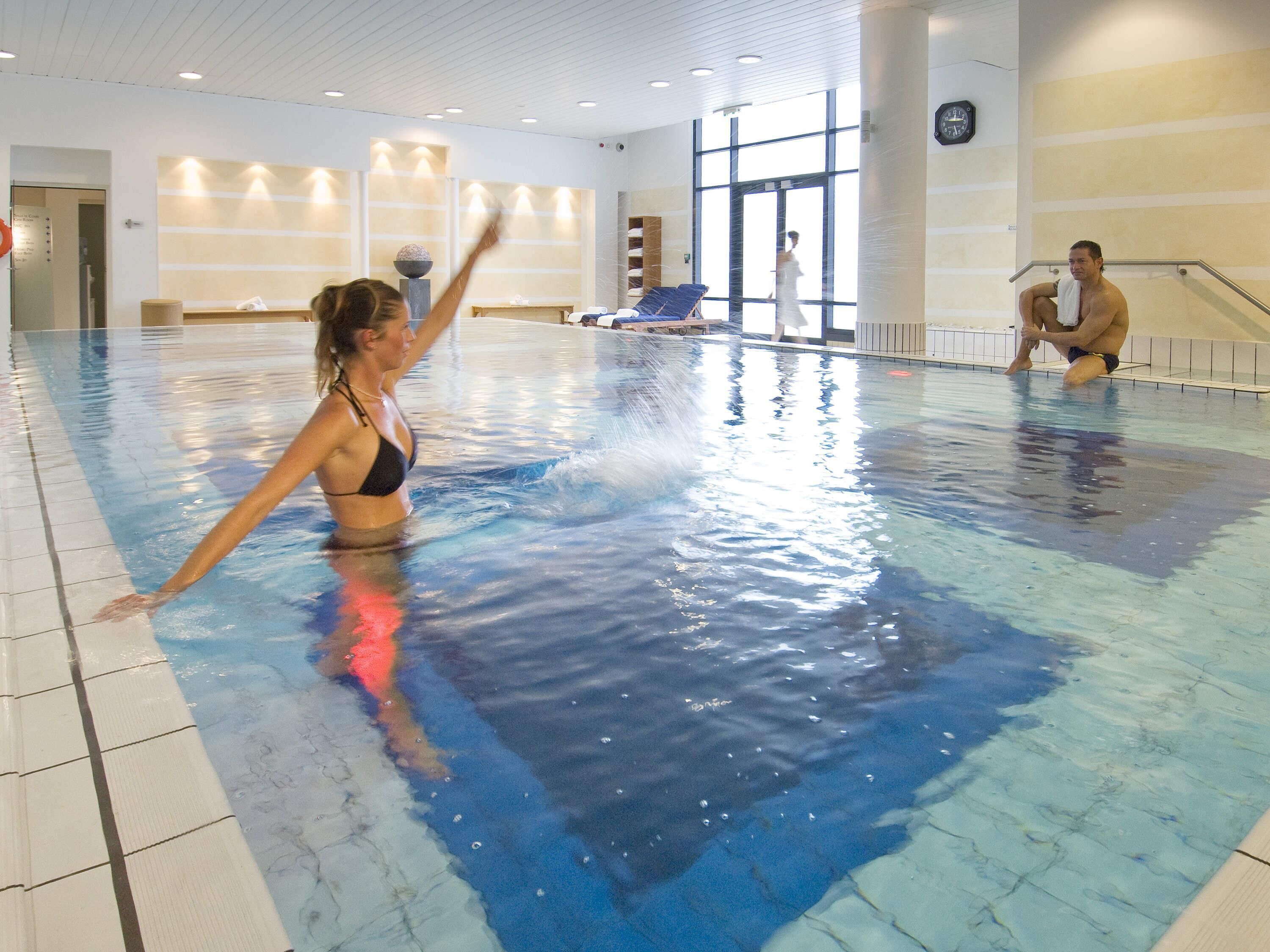 Indoor pool, open 8:00 AM to 9:00 PM, sun loungers