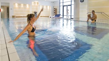 Indoor pool, open 8:00 AM to 9:00 PM, sun loungers