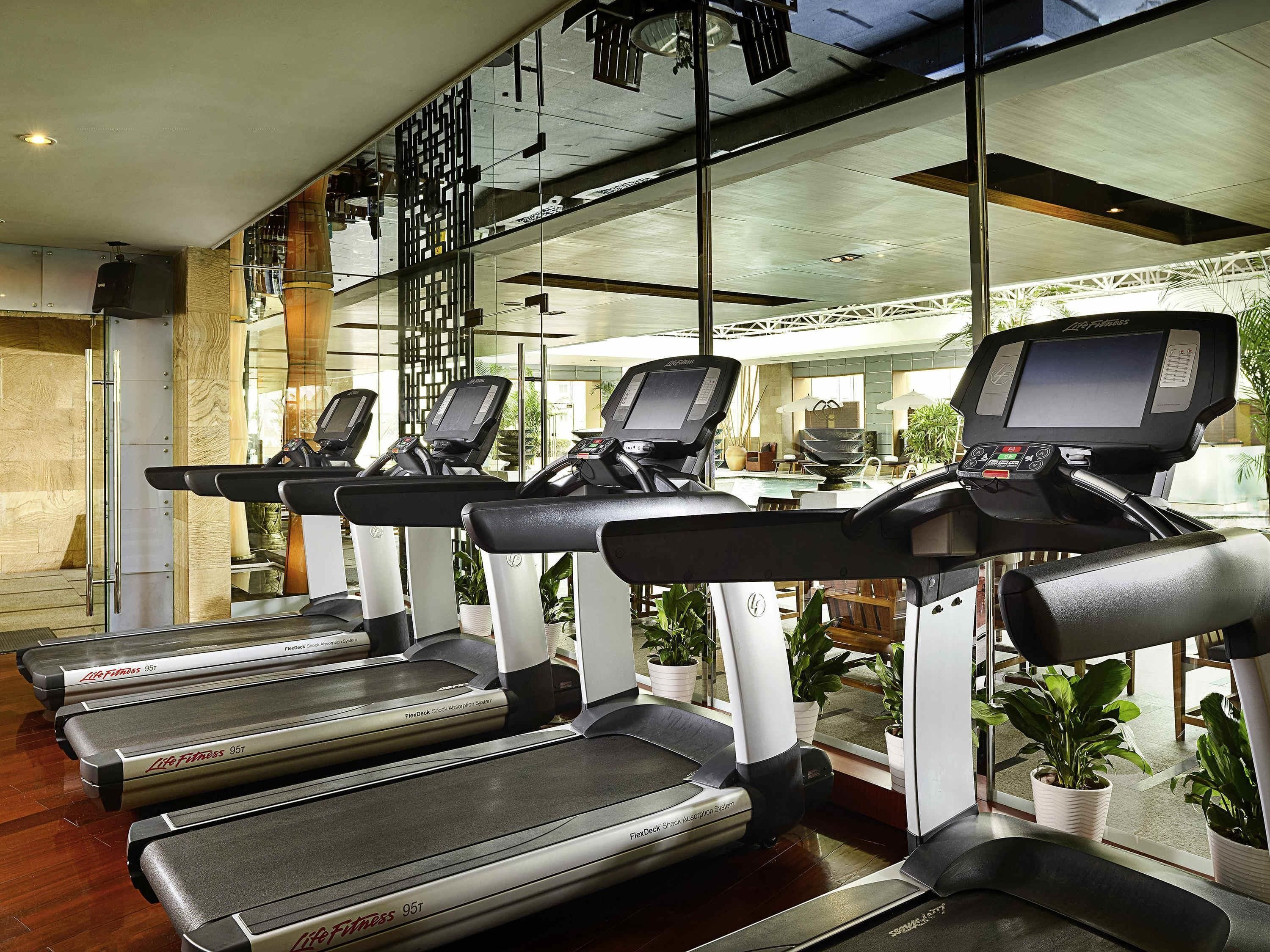 Un gimnasio con cintas de correr, una banca de pesas y una máquina de remo.