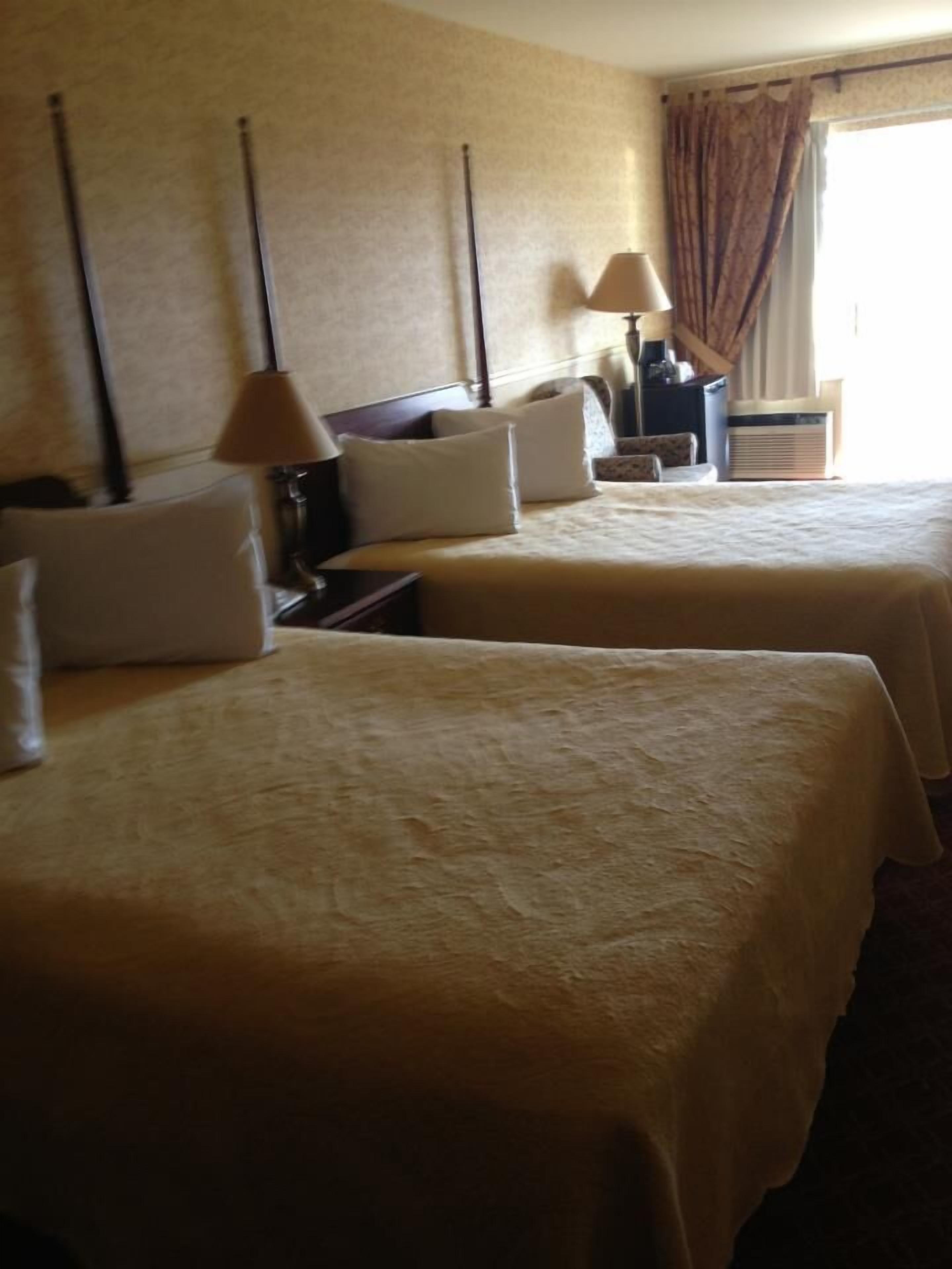 A hotel room with two beds, a nightstand, a lamp, and a window with curtains.