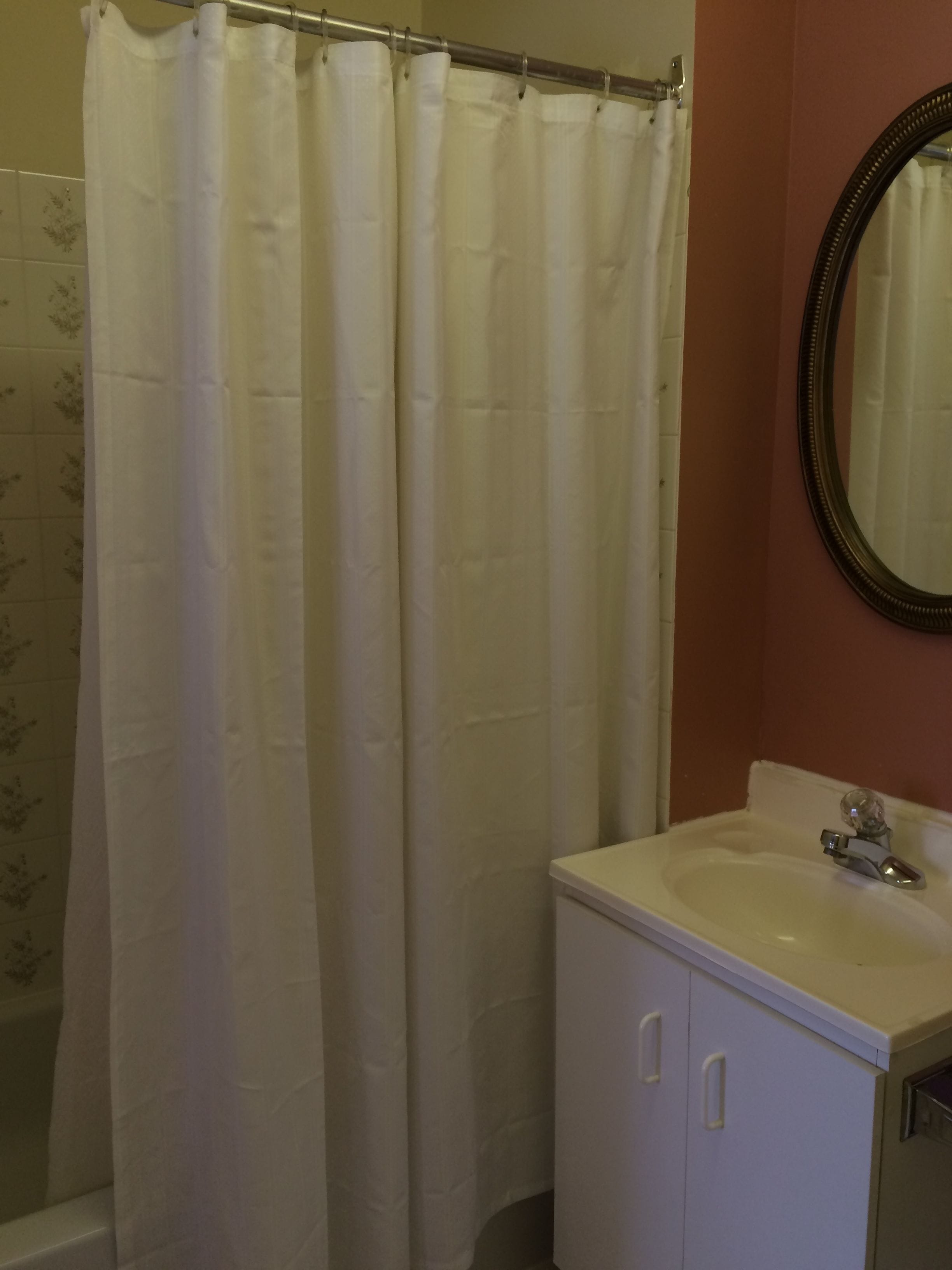 A bathroom with a shower curtain, a sink, and a mirror.