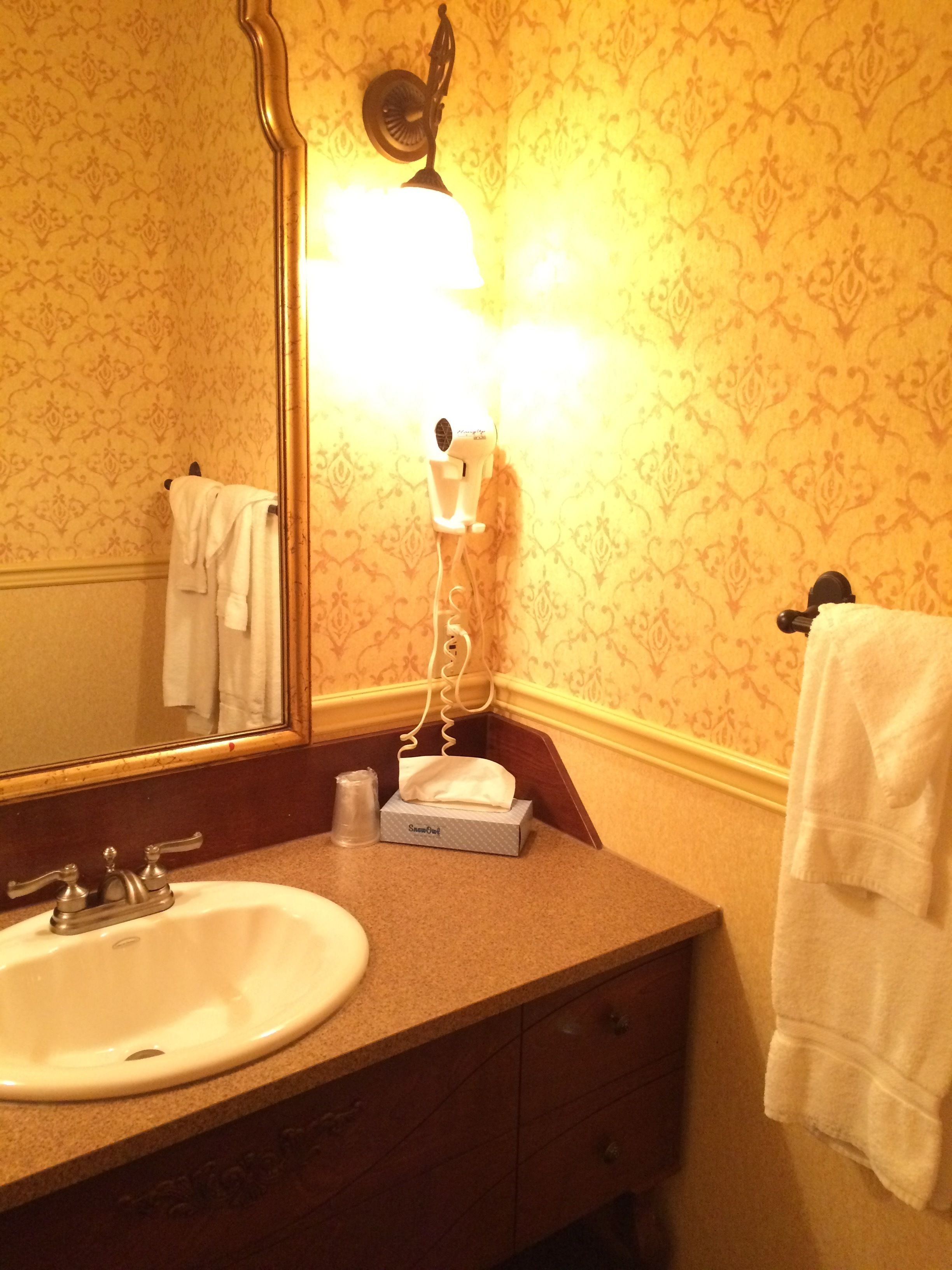 A bathroom with a sink, mirror, towel rack, and a hairdryer on the counter.
