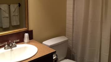 A bathroom with a sink, mirror, toilet, and shower curtain.