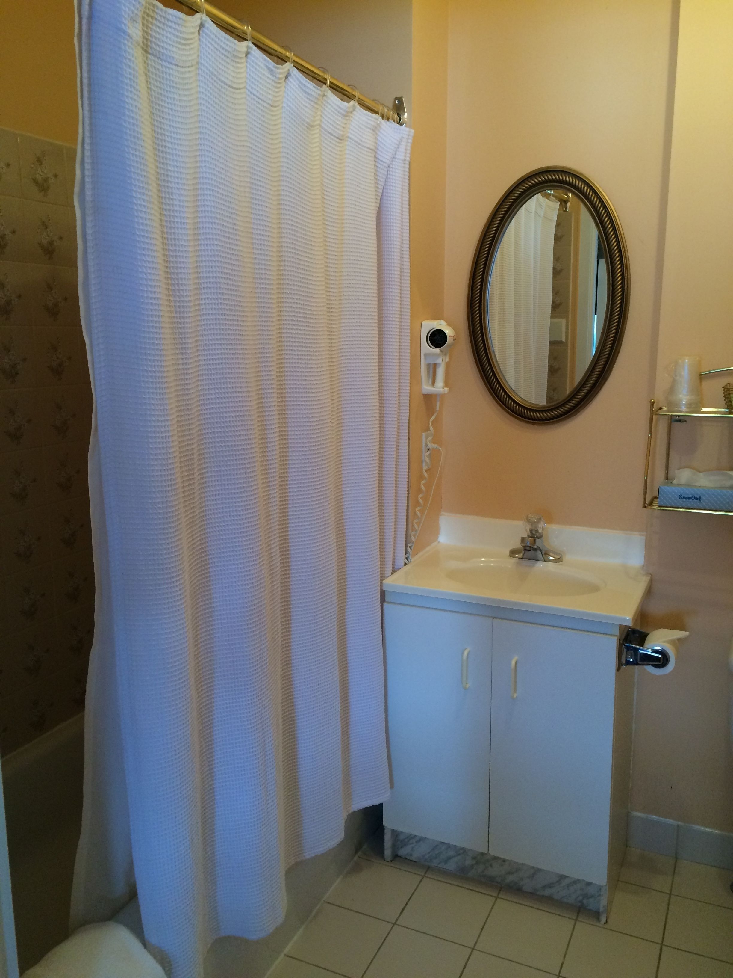 A bathroom with a shower curtain, a sink, a mirror, and a toilet.