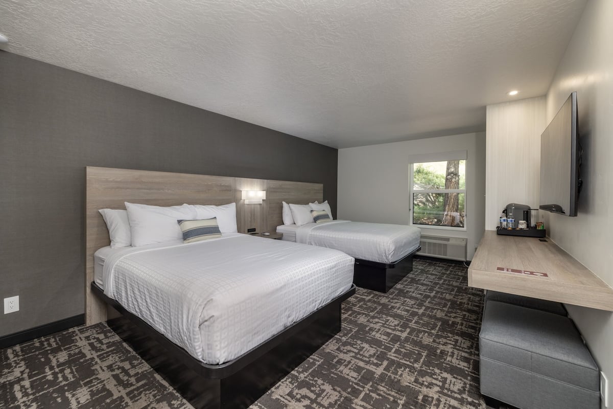 A hotel room with two beds, a desk, a TV, and a window with a view of trees.