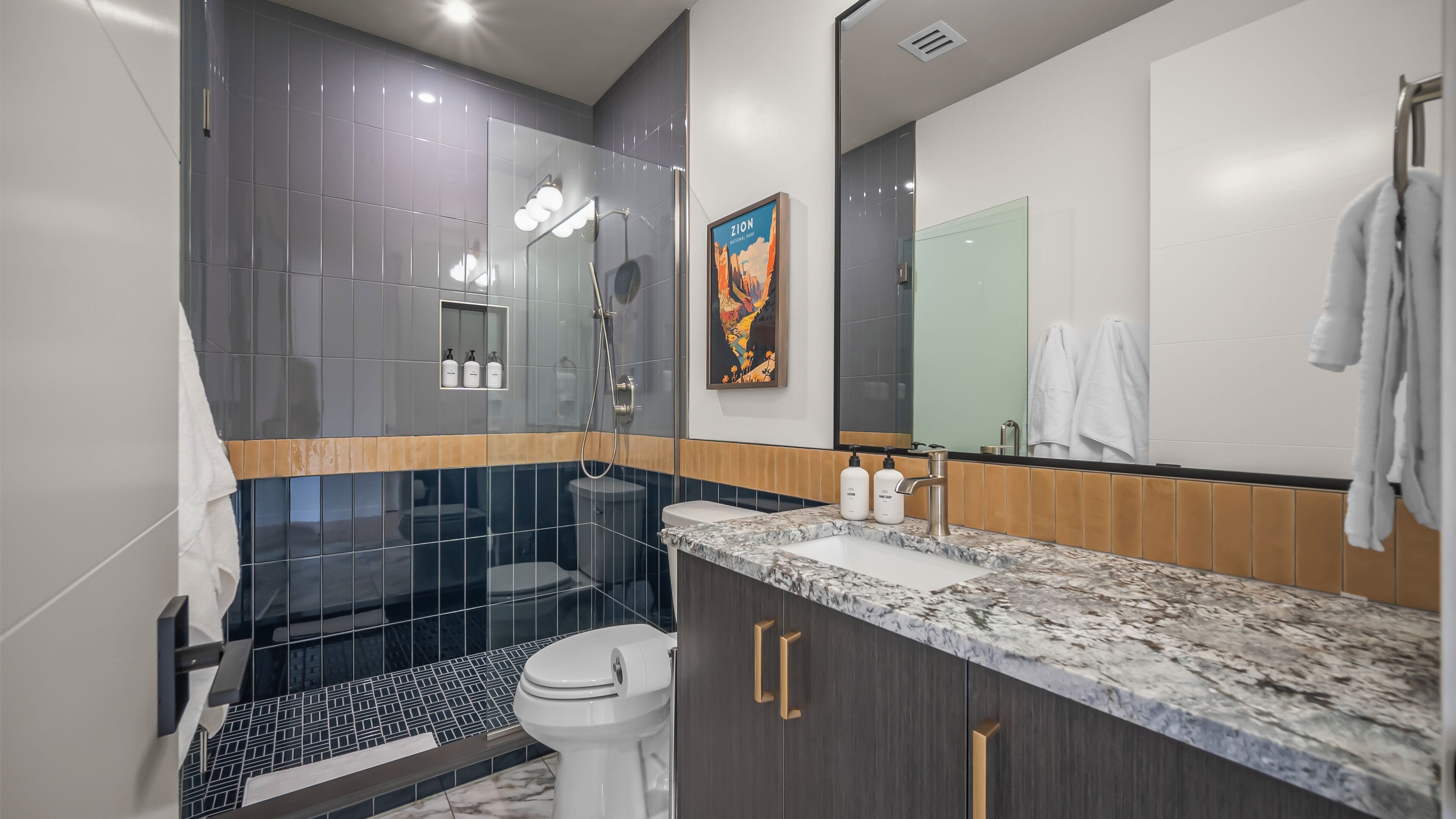 luxury villa, kitchen, mountain view | bathroom | shower, rainfall showerhead, hair dryer, towels