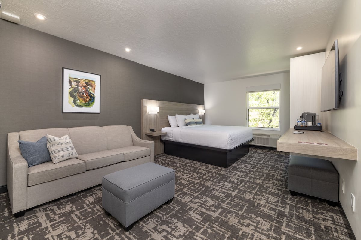 A modern hotel room with a bed, a sofa, a desk, and a television.