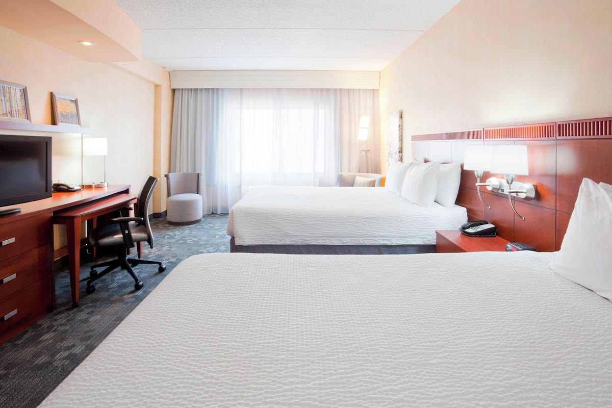 desk, laptop workspace, blackout curtains, iron/ironing board