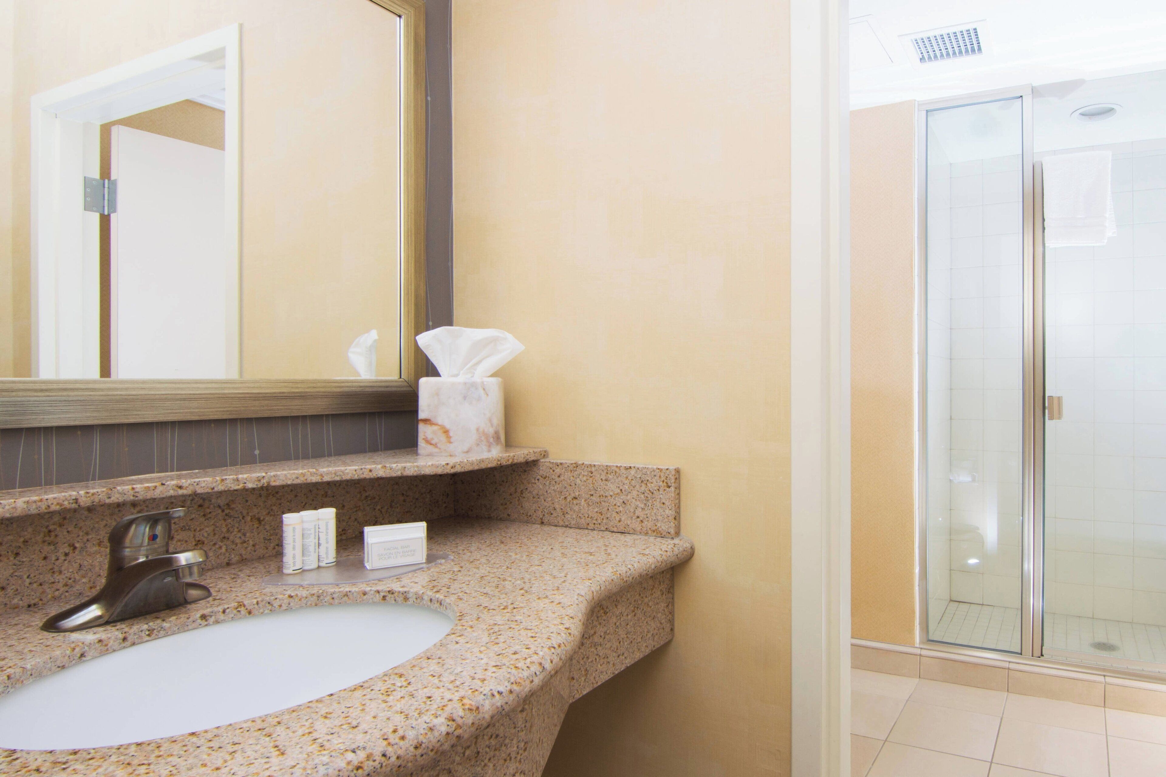 designer toiletries, hair dryer, towels