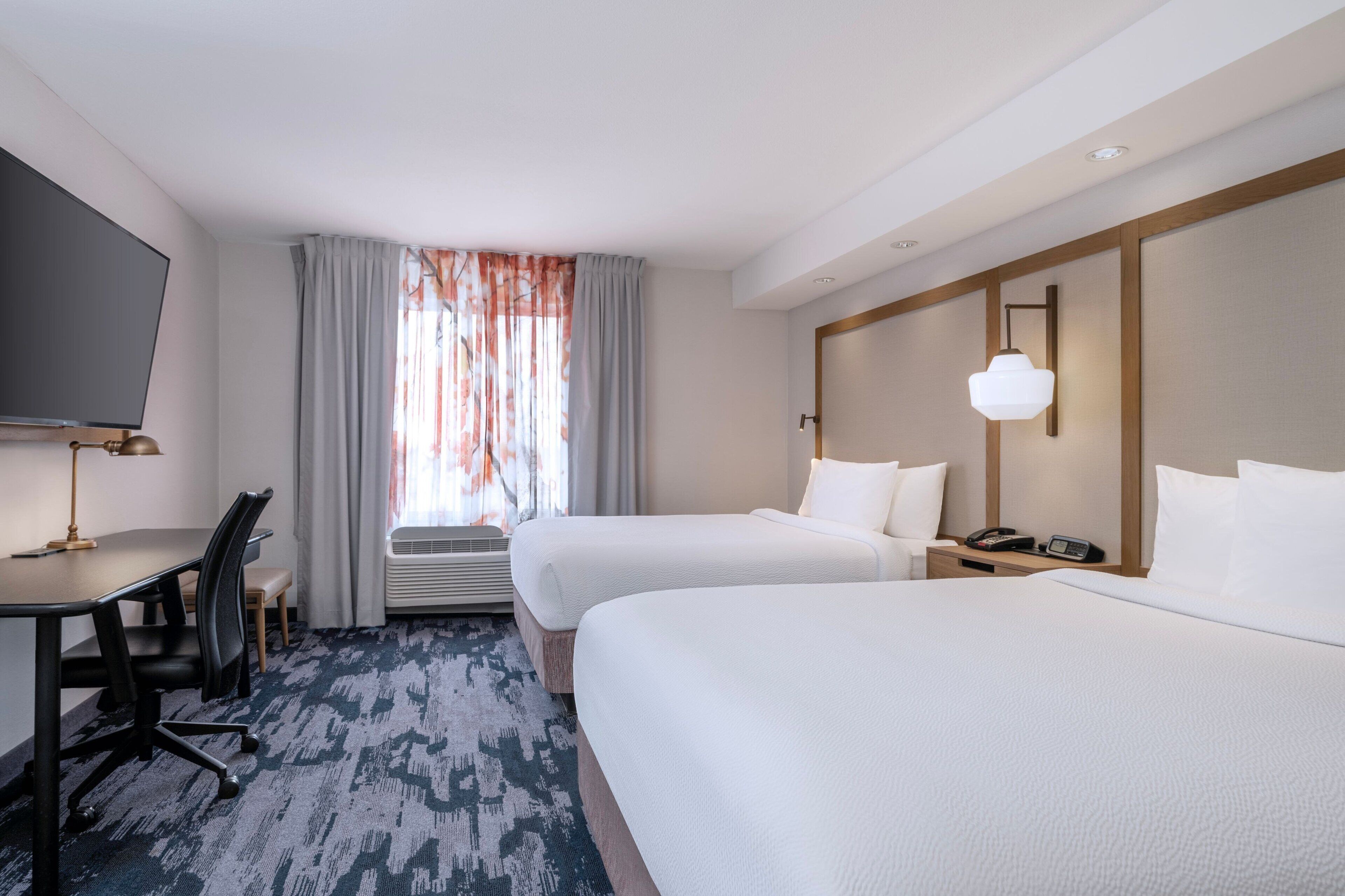 premium bedding, desk, blackout curtains, iron/ironing board