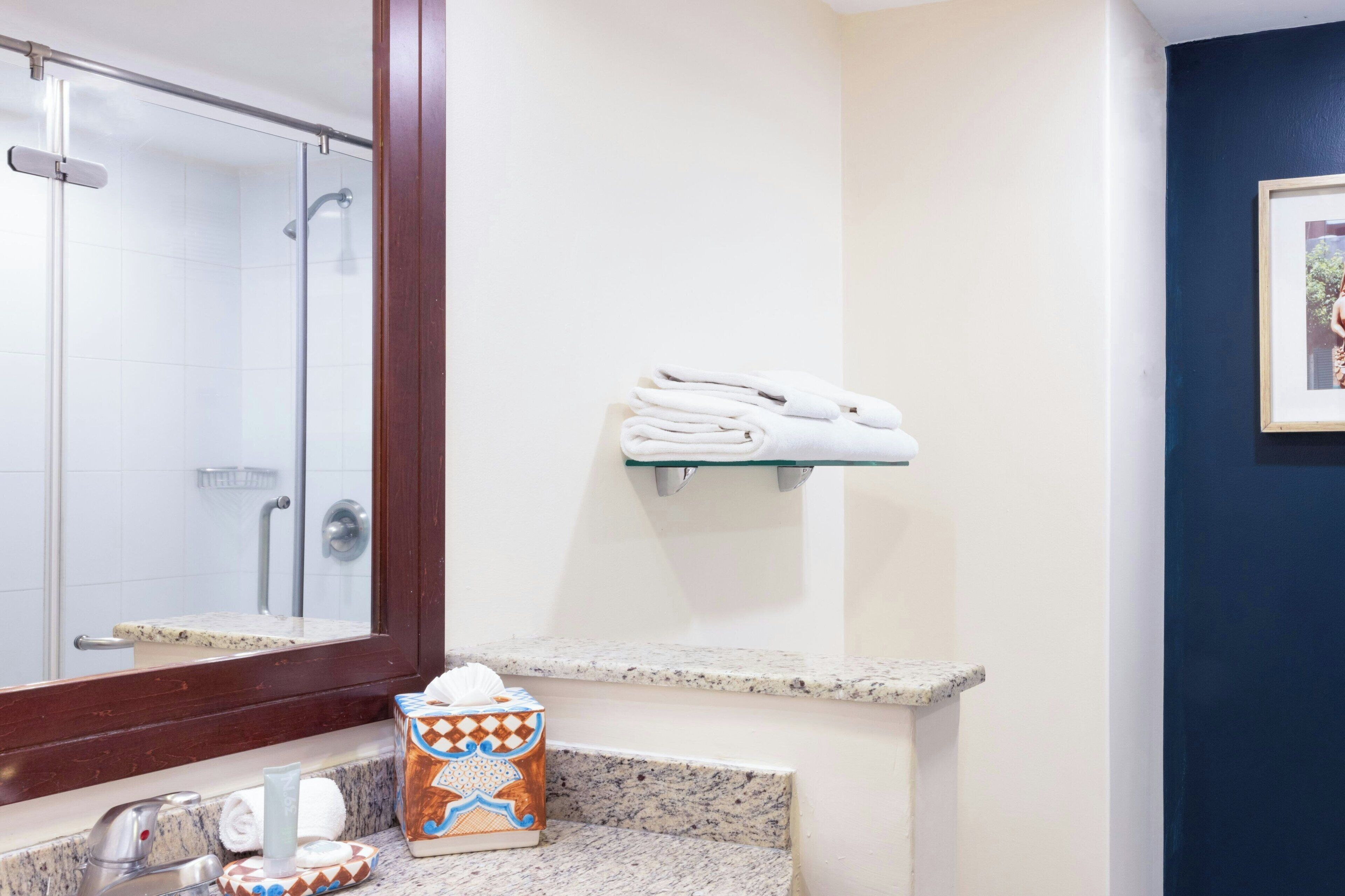 shower, free toiletries, hair dryer, towels