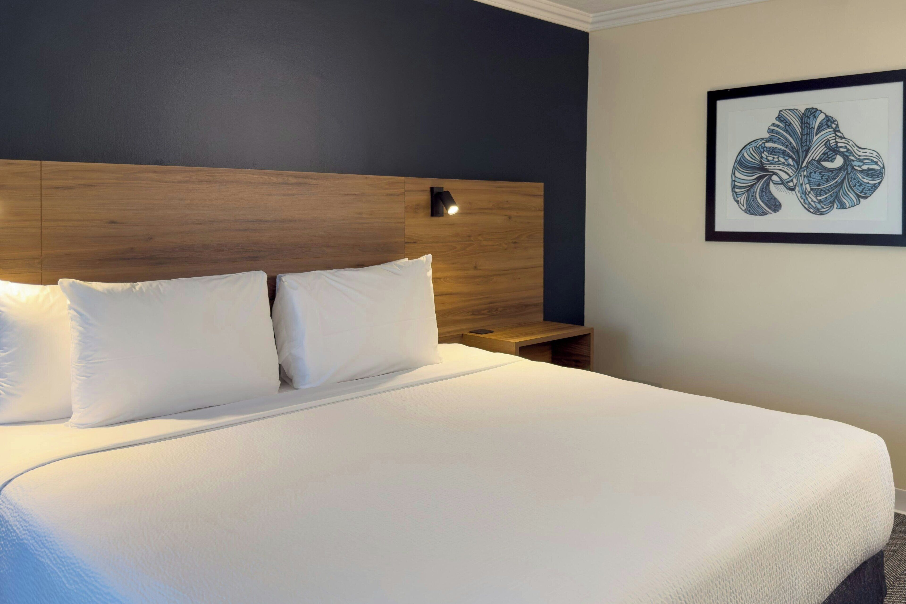 Une chambre d’hôtel avec un grand lit, une tête de lit en bois, une table de chevet avec une lampe et une œuvre d’art encadrée au mur.