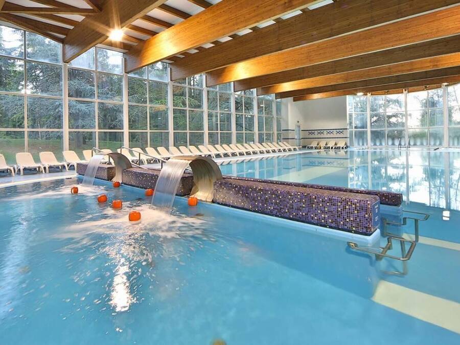 Piscina interna com toboá, espreguiçadeiras e vista para árvores através de grandes janelas.