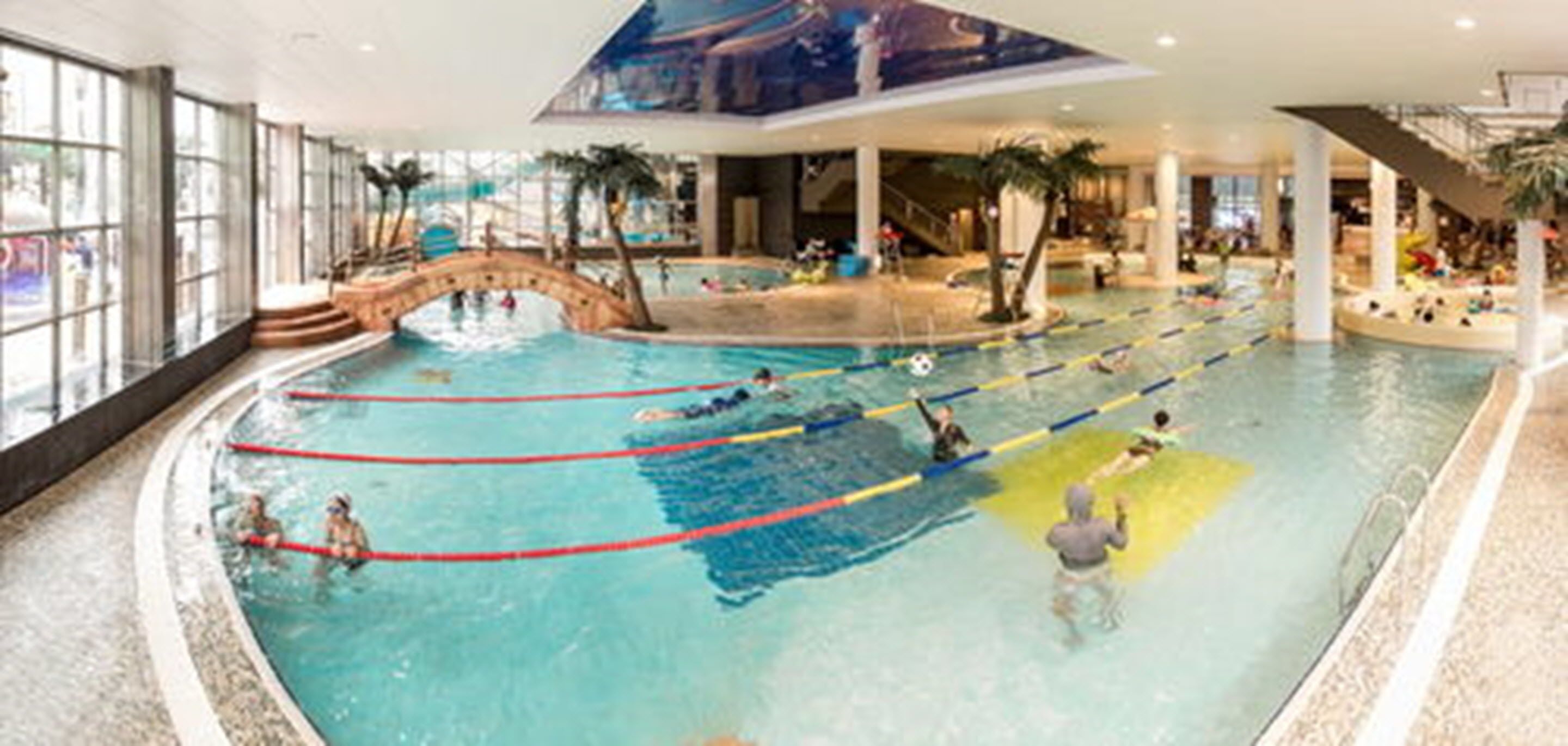 An indoor swimming pool with multiple lanes, palm trees, and a bridge.