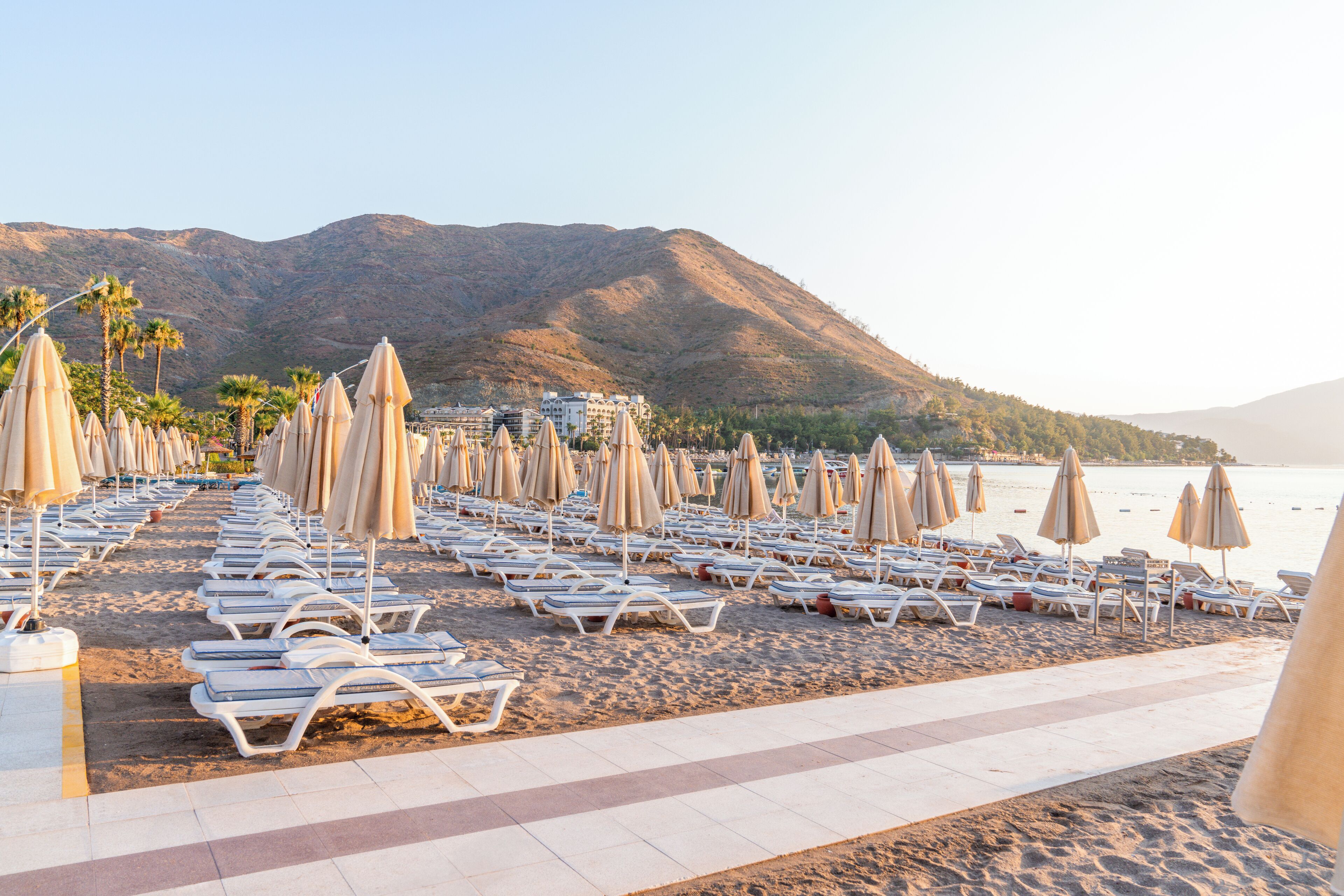 Een strand met rijen ligbedden en parasols, een heldere lucht en bergen op de achtergrond.
