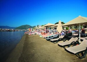 On the beach, sun loungers, beach umbrellas