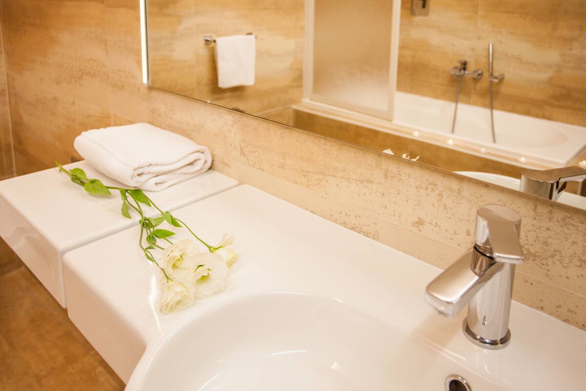 free toiletries, hair dryer, towels