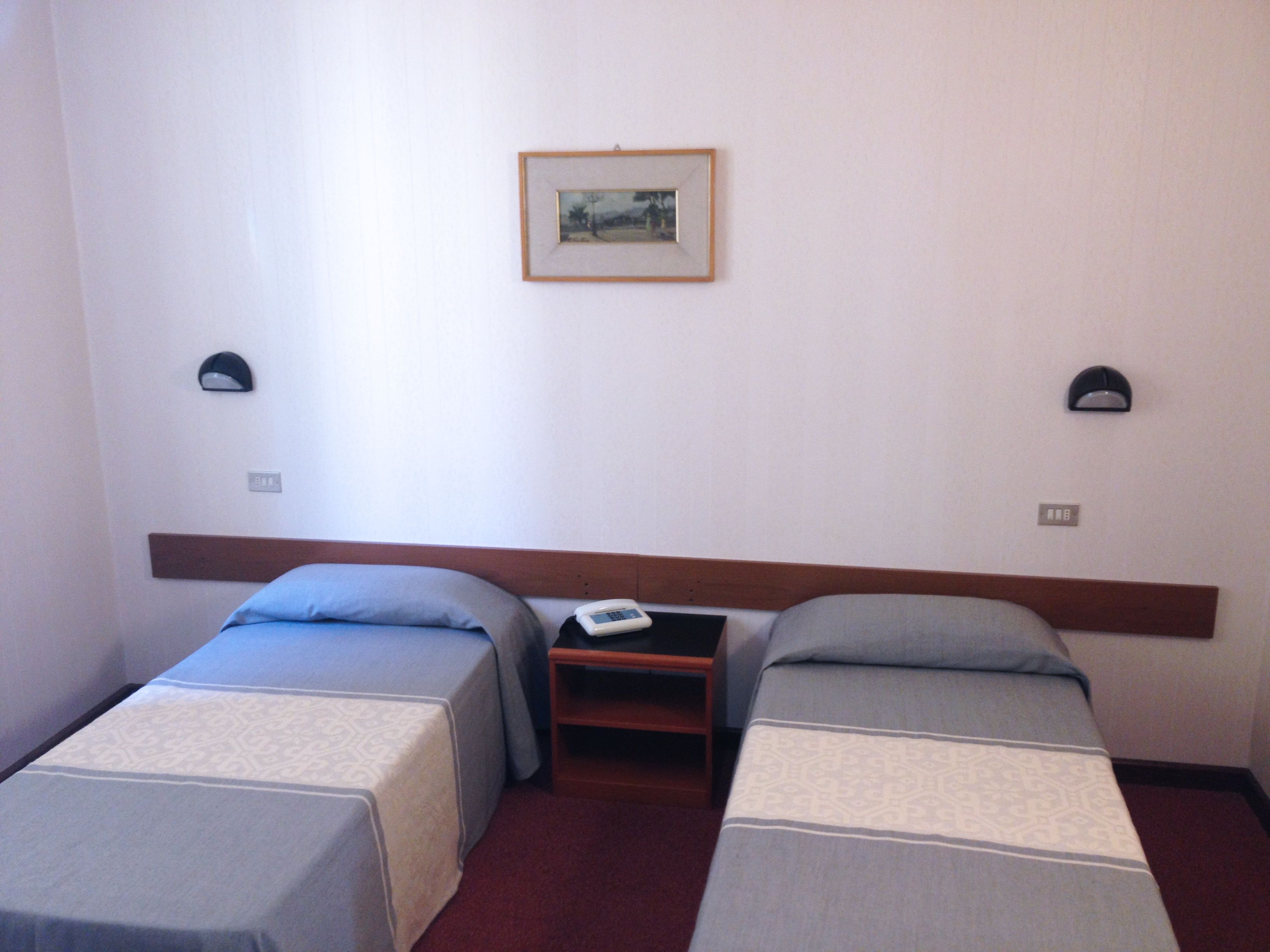 Una camera d'albergo con due letti singoli, un comodino, un telefono e un quadro appeso alla parete.