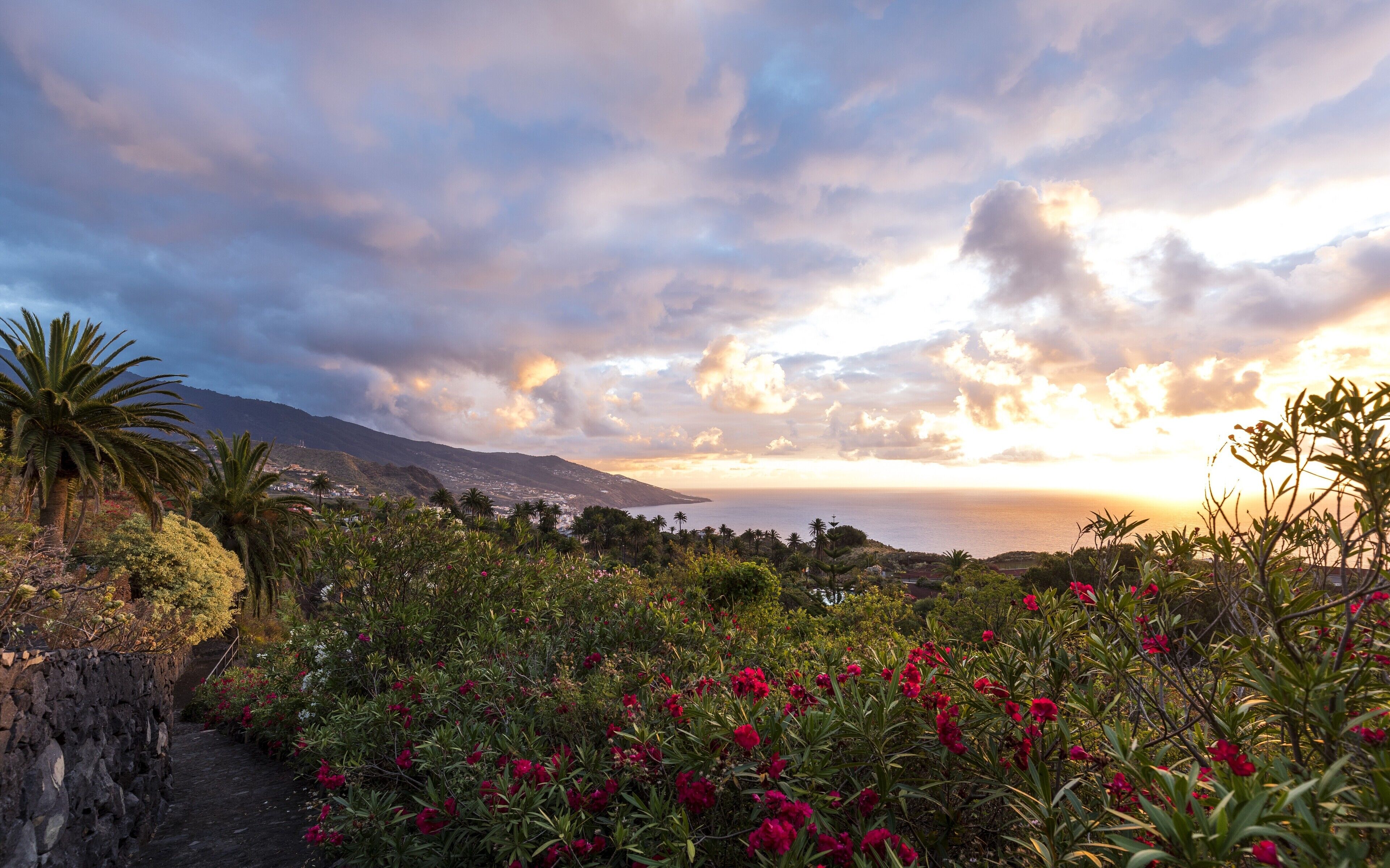 A coastal landscape with a stone pathway, lush greenery, and a view of the sea and mountains.