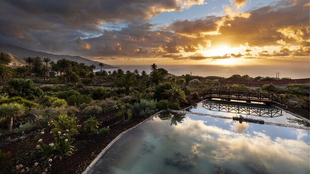 A garden with a bridge over a reflective pool, surrounded by various plants and a sunset in the background. - Parador de La Palma (Brena Baja)