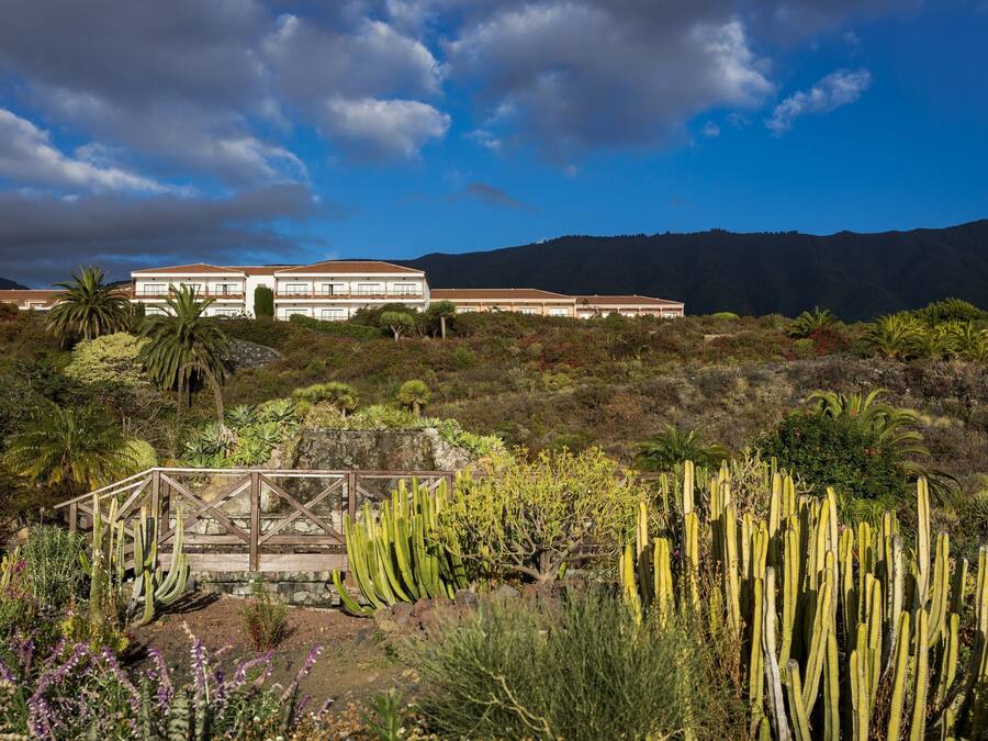 A large building with a flat roof and multiple windows, surrounded by a variety of cacti and shrubs.