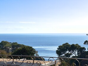 A seaside view from a balcony with a railing, overlooking the ocean and trees. - Hotel La Vega (Capri)