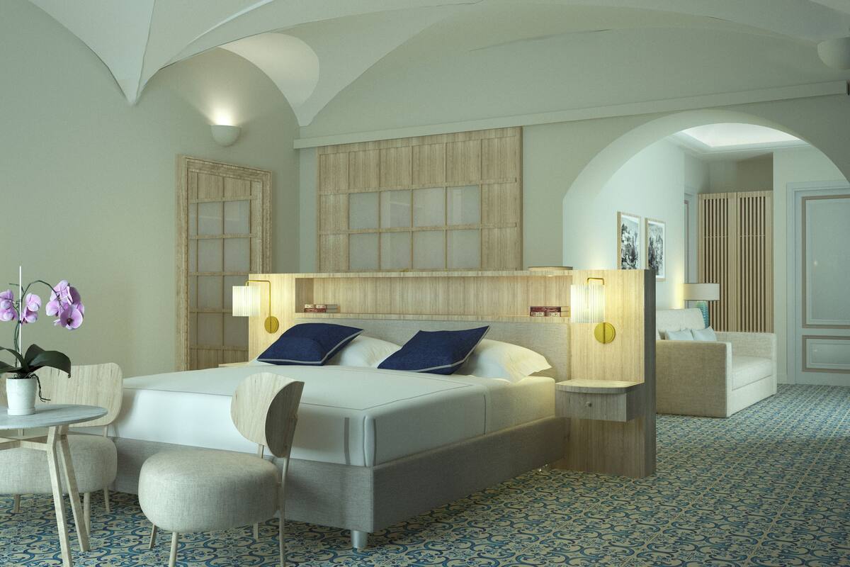 deluxe suite, 1 king bed with sofa bed (sky suite terrace seaview) | premium bedding, down duvets, minibar, in-room safe