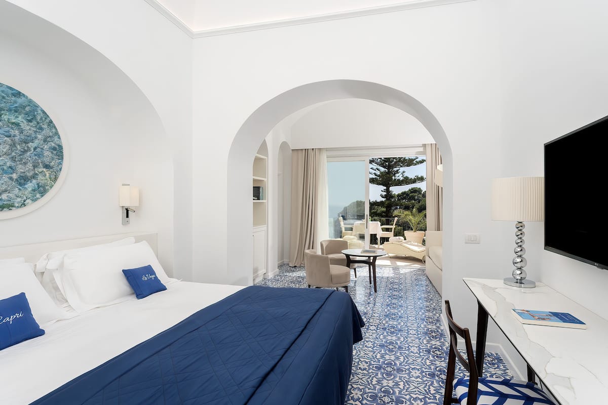 junior suite, 1 king bed with sofa bed, terrace, sea view (modern junior suite terrace sea view) | premium bedding, down duvets, minibar, in-room safe