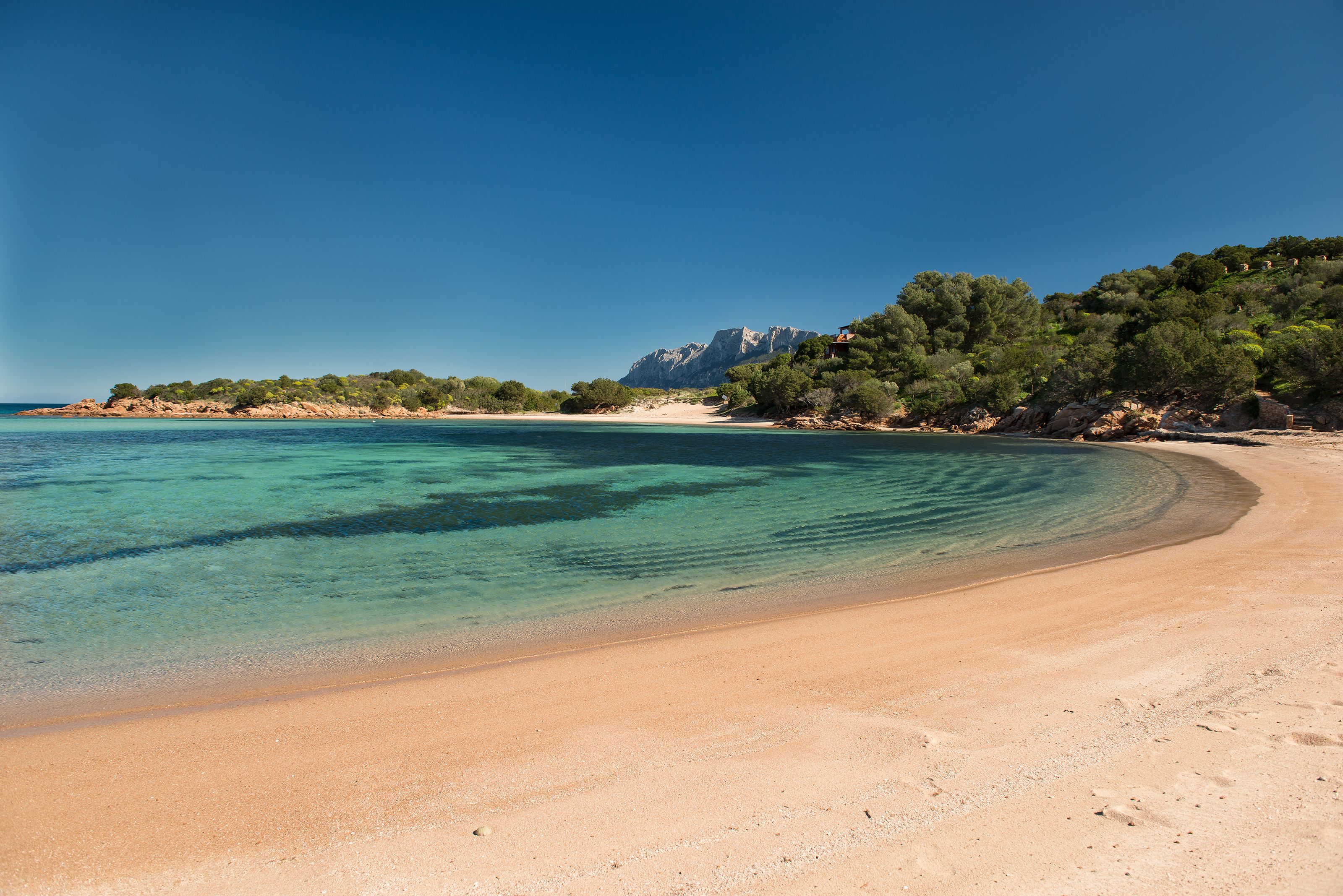 Een strand met helder turquoise water, een zandstrand en een bergachtige achtergrond.
