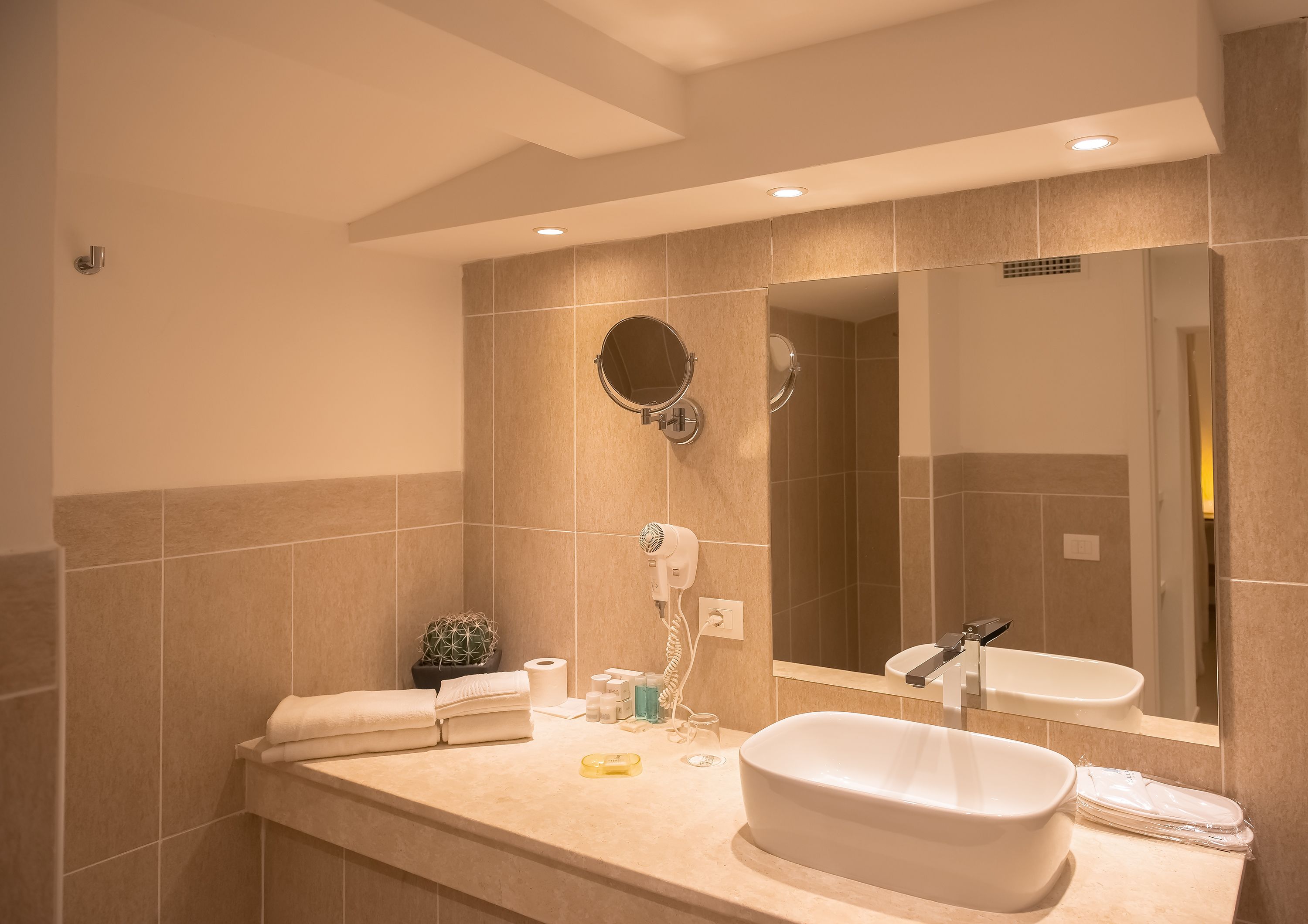 hair dryer, slippers, towels