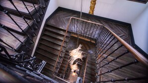 Una escalera de caracol con detalles de madera y barandillas de metal, que desciende a un nivel inferior.
