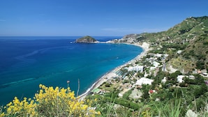 Eine Küstenstadt mit Strand, Häusern und einem bewachsenen Hügel.