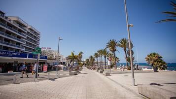 A coastal promenade with a hotel named "Hotel Troya" and a beach store.