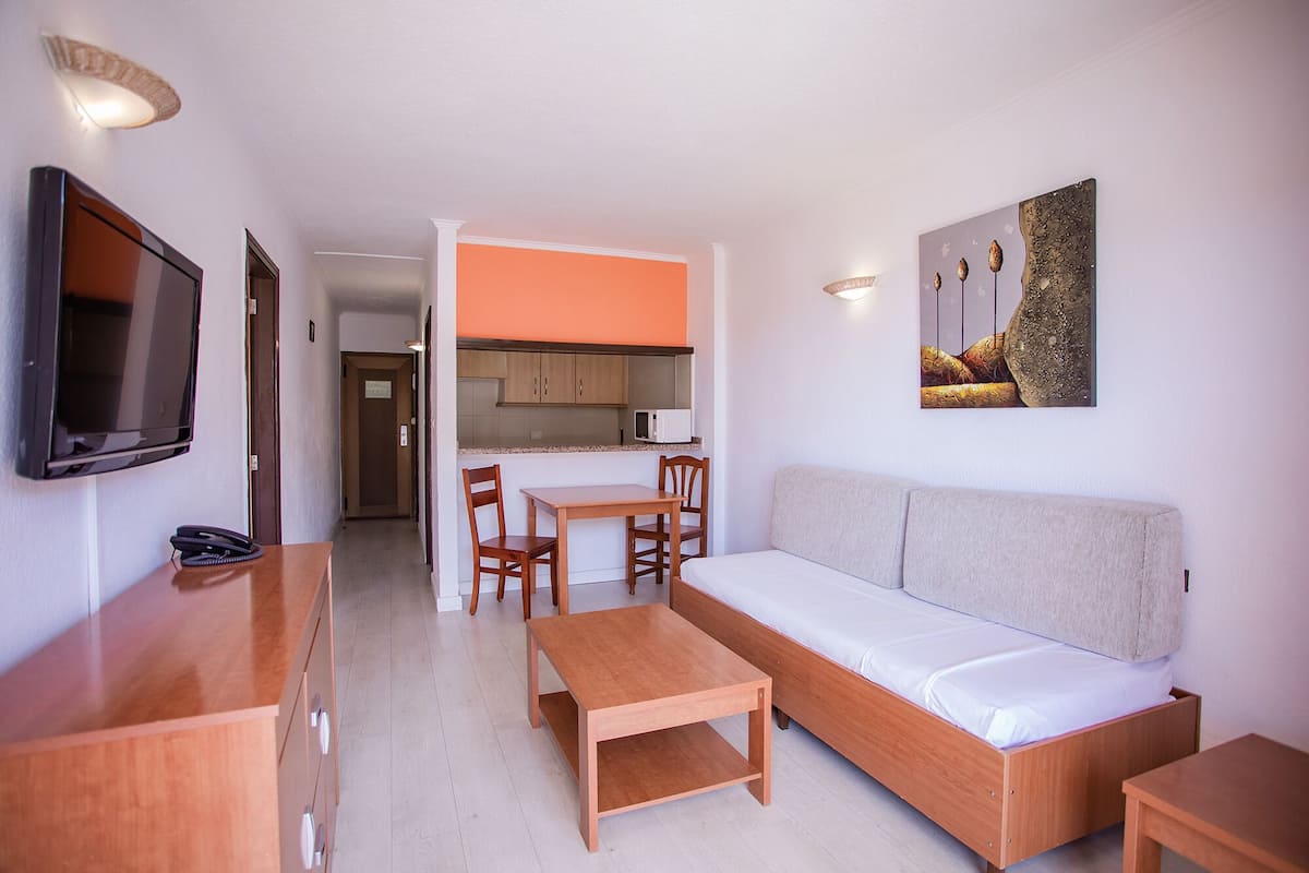 A compact living space with a sofa, a TV, a dining table, and a kitchenette.