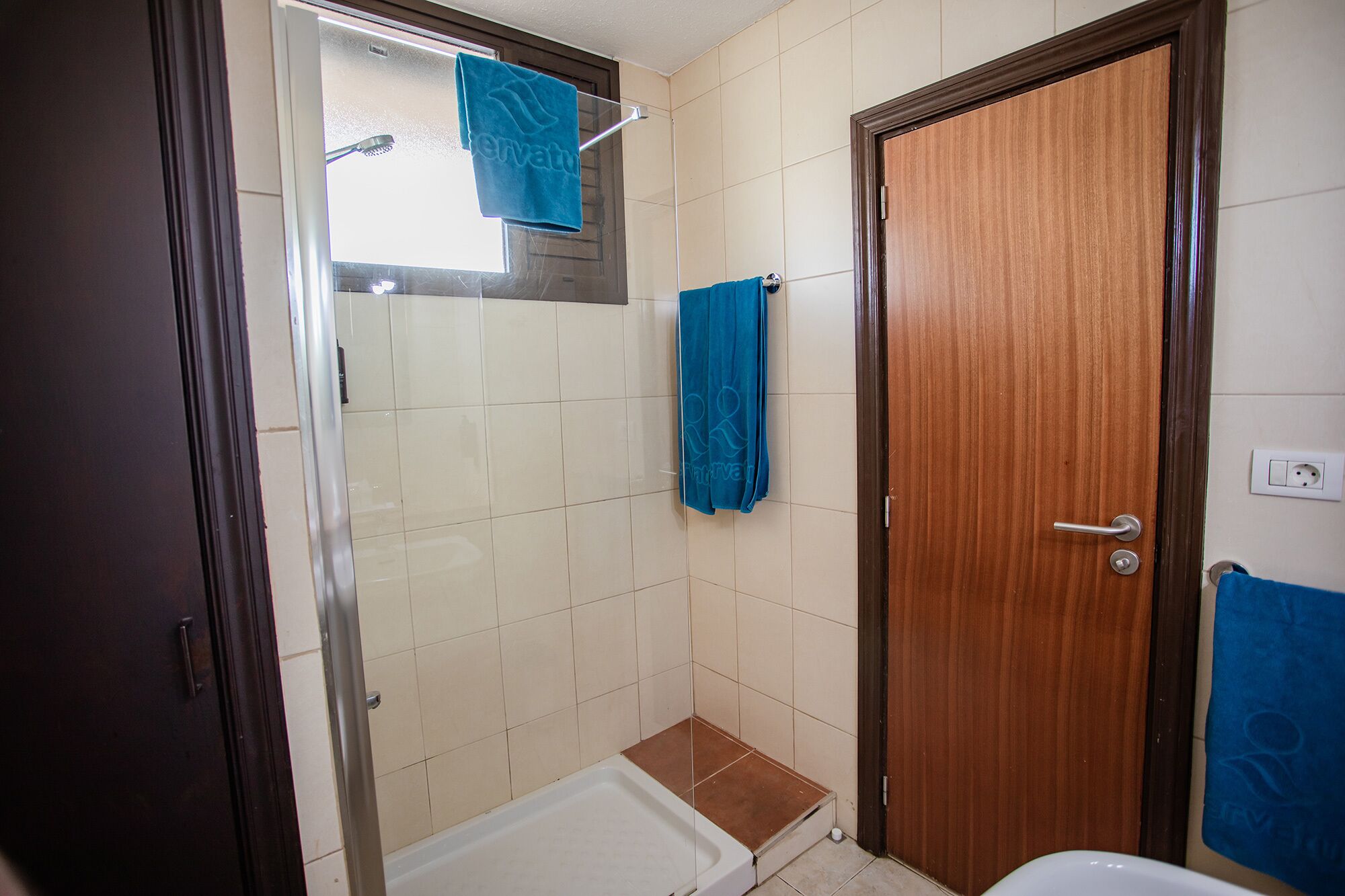 Un baño con ducha, inodoro y puerta de madera.